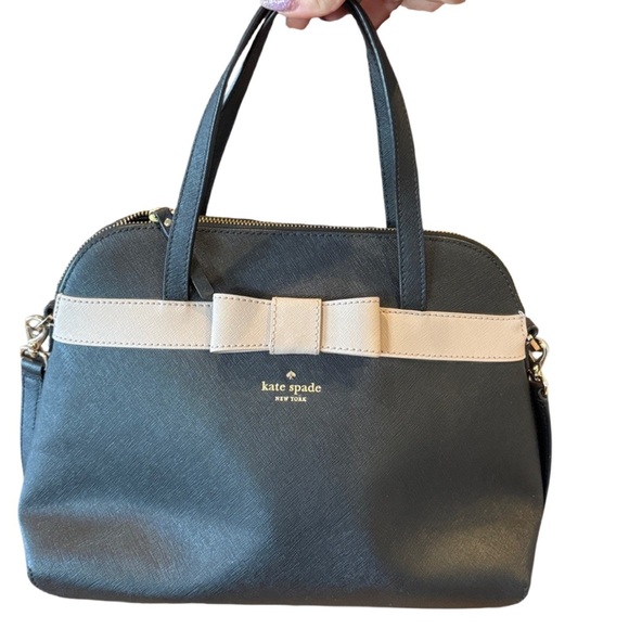 Kate Spade Black Handbag with Cream Bow Tan Designer tote purse bag classy - Picture 9 of 11